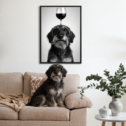 Zwart-witposter van een hond met een wijnglas op zijn kop, ingelijst boven een bank met kussens en planten.