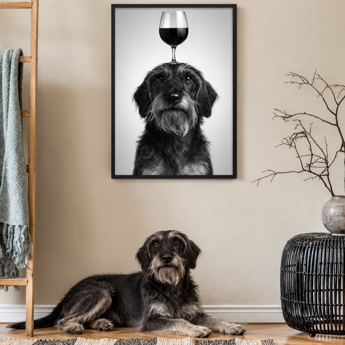 Zwart-witposter van een hond met een wijnglas op zijn kop, aan de muur. Ervoor ligt een hond op de grond.