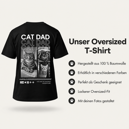 T-shirt oversize noir avec l'inscription "Cat Dad" et des photos de chats. 100 % coton.