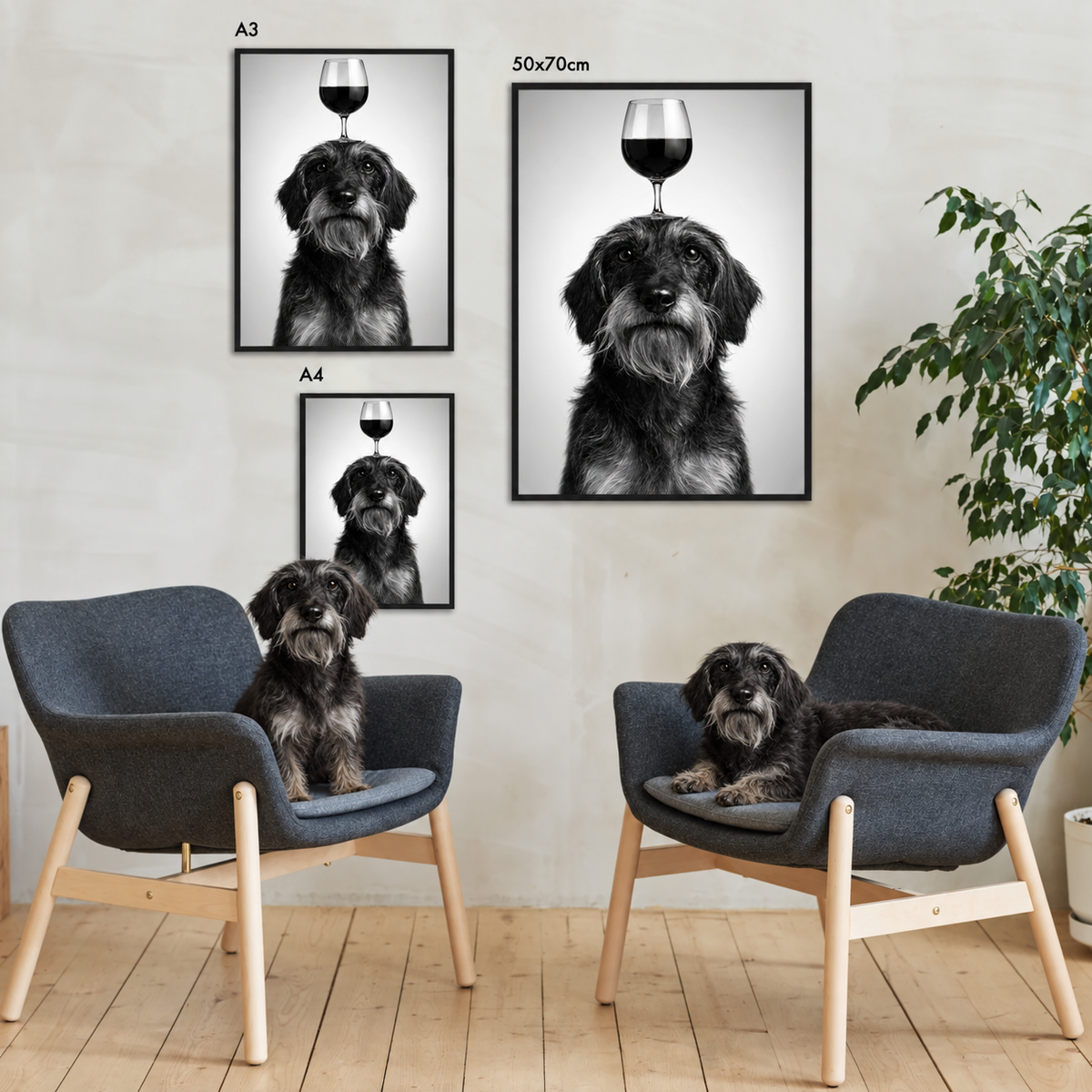 Gepersonaliseerde posters met hond en wijnglas, formaten A3 en A4, modern ingelijst.