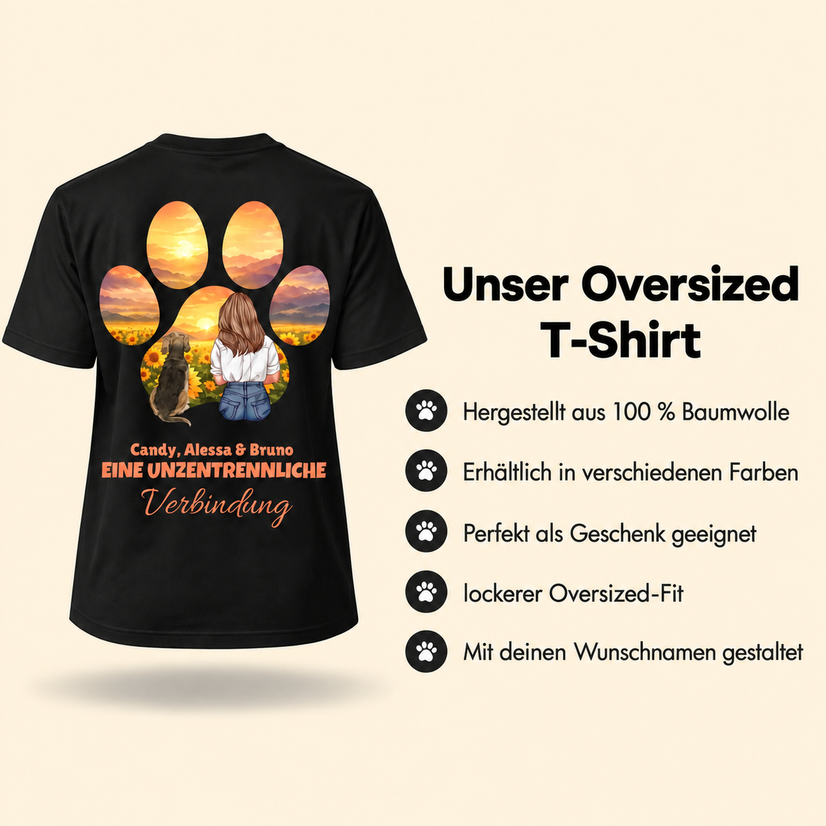 T-shirt noir 100 % coton avec design animal personnalisable et le texte "Eine unzertrennliche Verbindung".