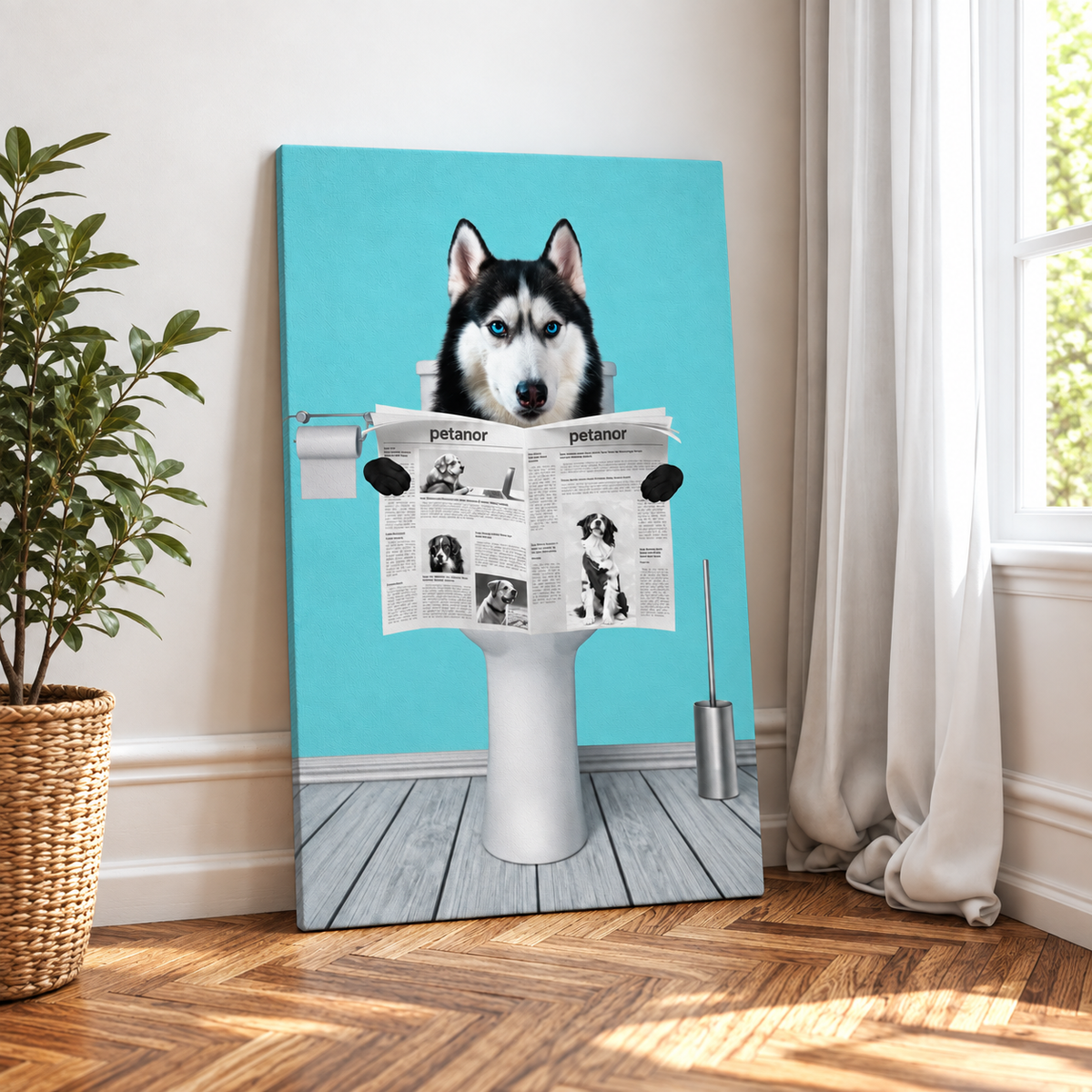 Canvas van een hond die op de wc zit en de krant leest, turquoise achtergrond.
