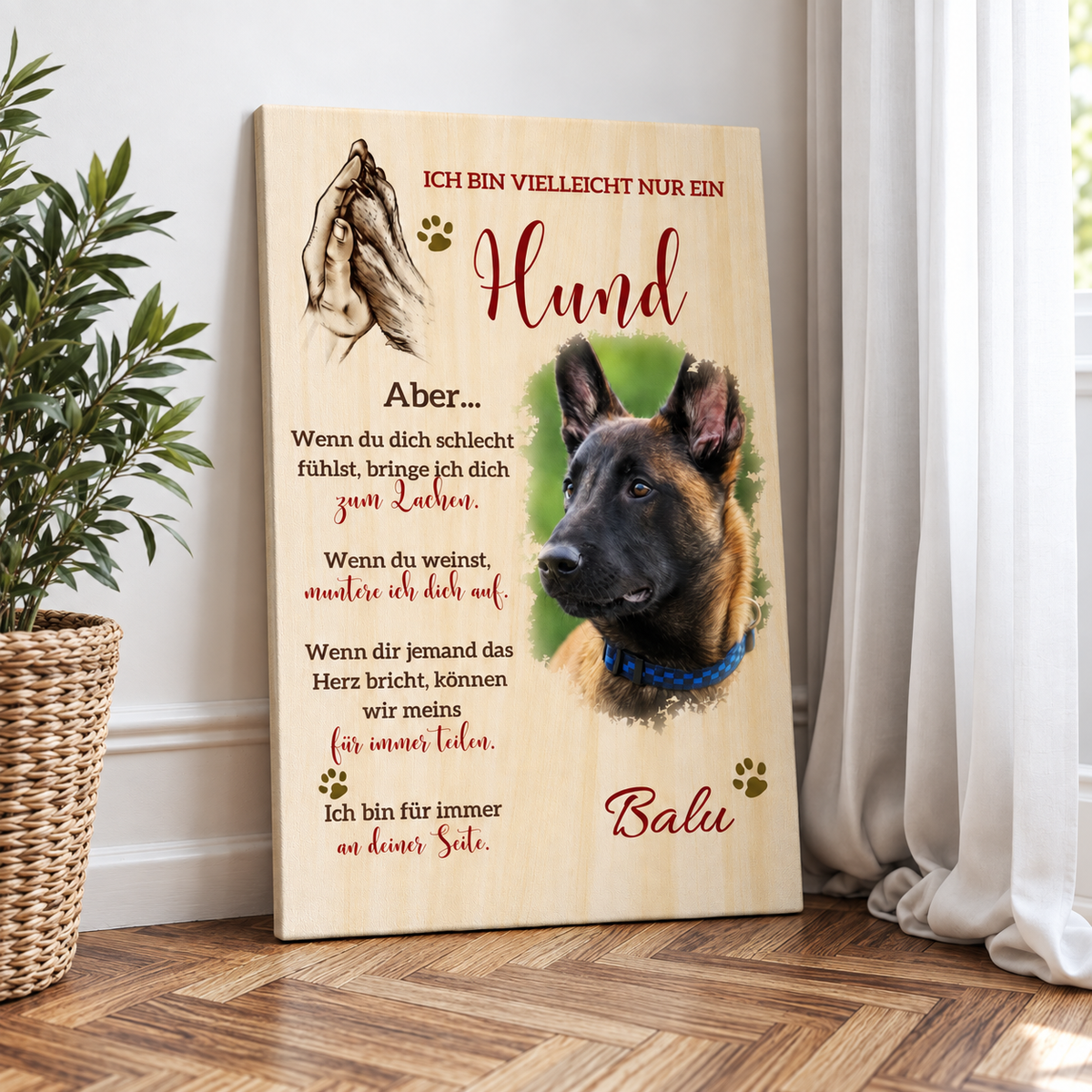 Gepersonaliseerd canvas met hondenfoto en emotionele tekst. Houtlook-oppervlak met groene accenten.