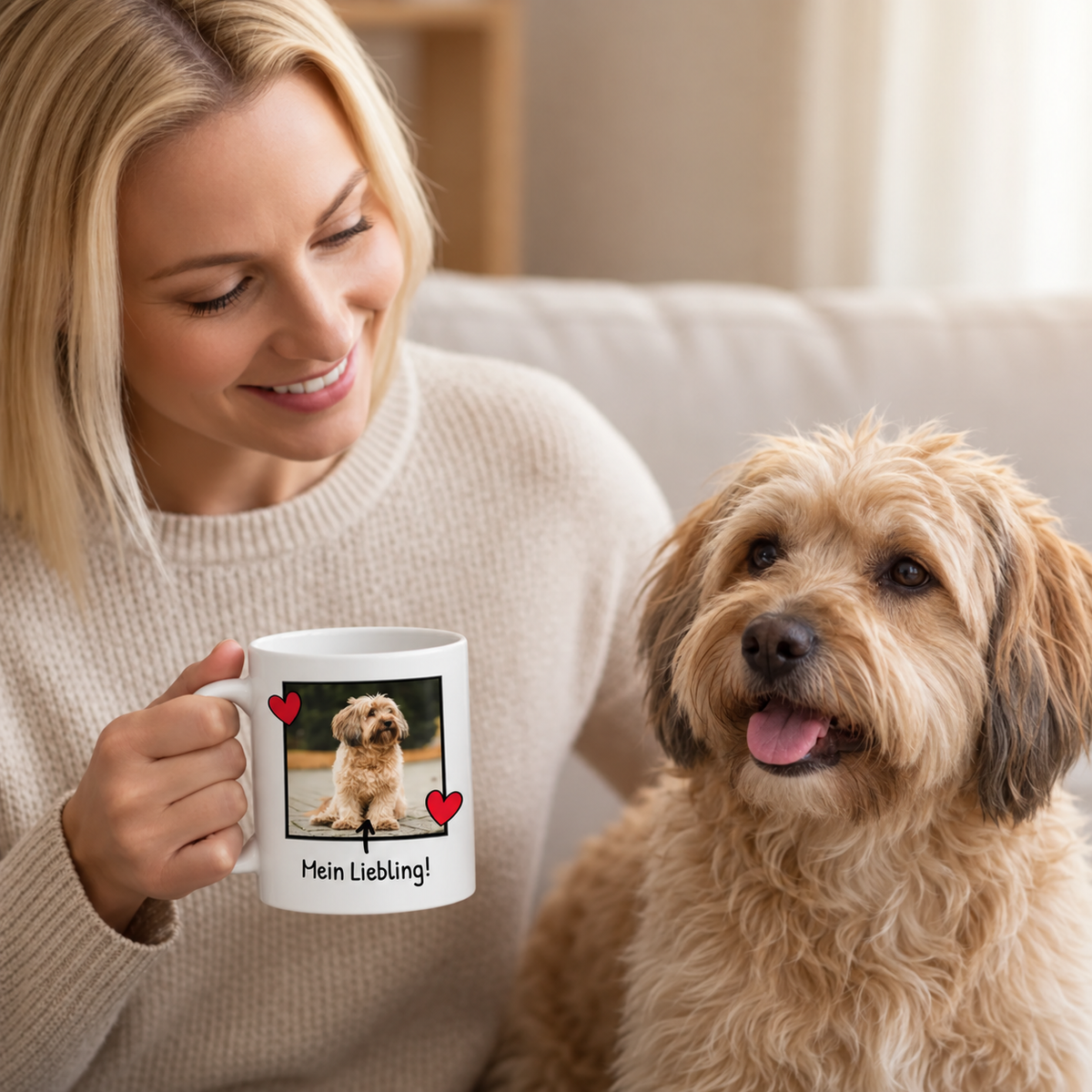 Persoon houdt een gepersonaliseerde mok met hondenfoto en tekst vast, zittend op een bank met een hond ernaast.