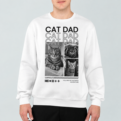 Wit sweatshirt met opdruk "Cat Dad" en afbeeldingen van katten.