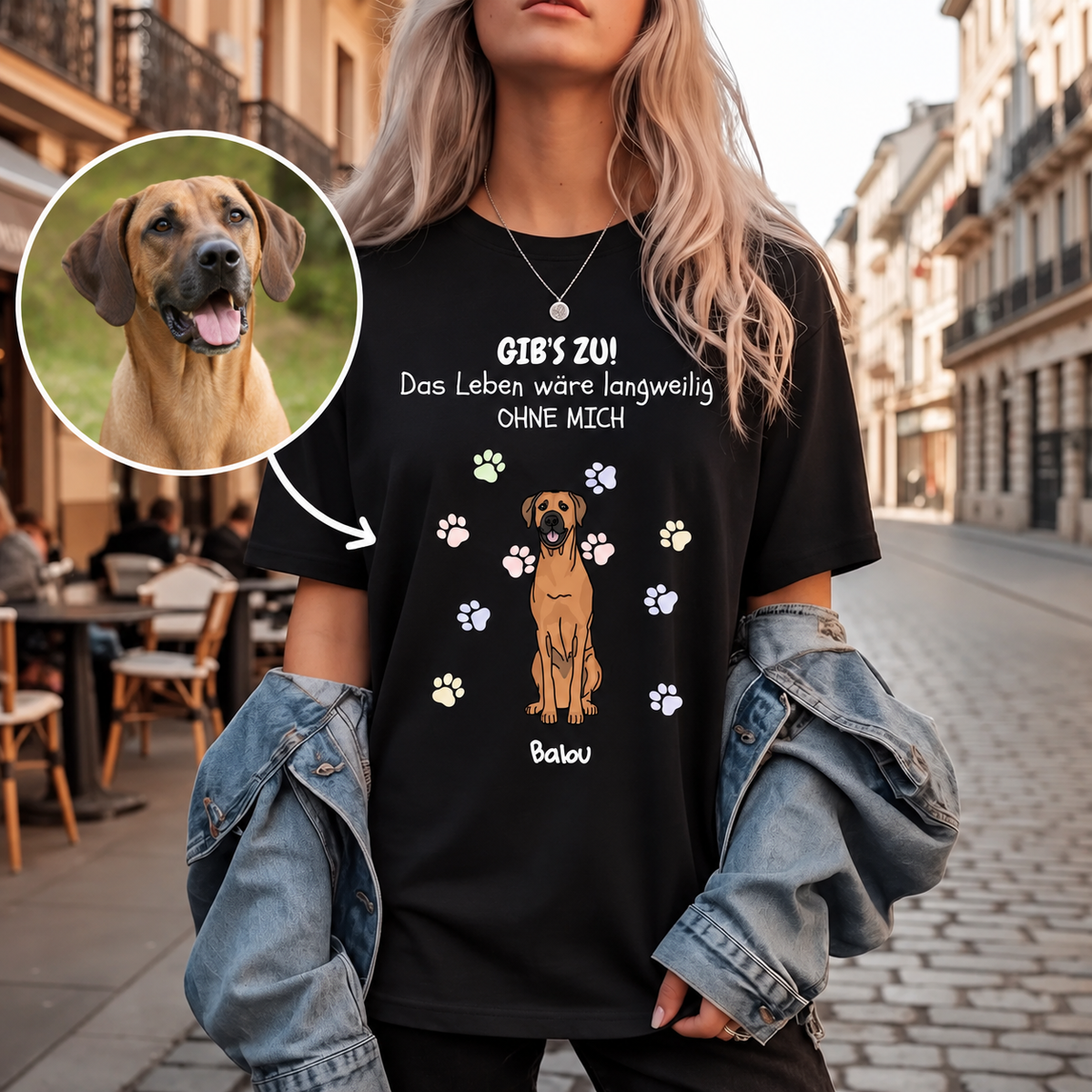 T-shirt noir avec broderie d'un chien et le texte "Das Leben wäre langweilig ohne mich".