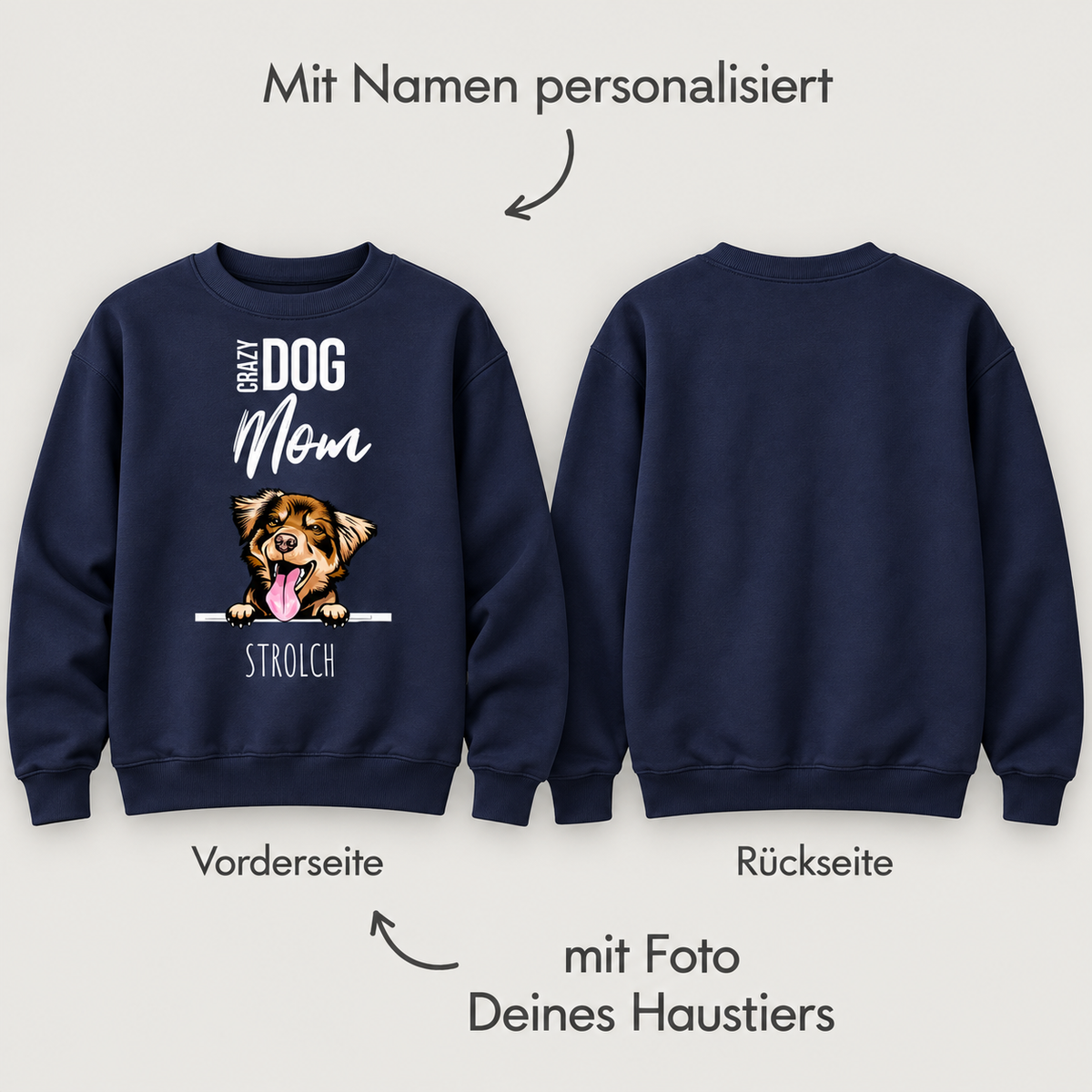 Donkerblauw sweatshirt voor huisdierouders met hondenmotief en personaliseerbare naam.