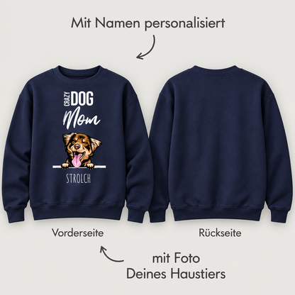 Donkerblauw sweatshirt voor huisdierouders met hondenmotief en personaliseerbare naam.