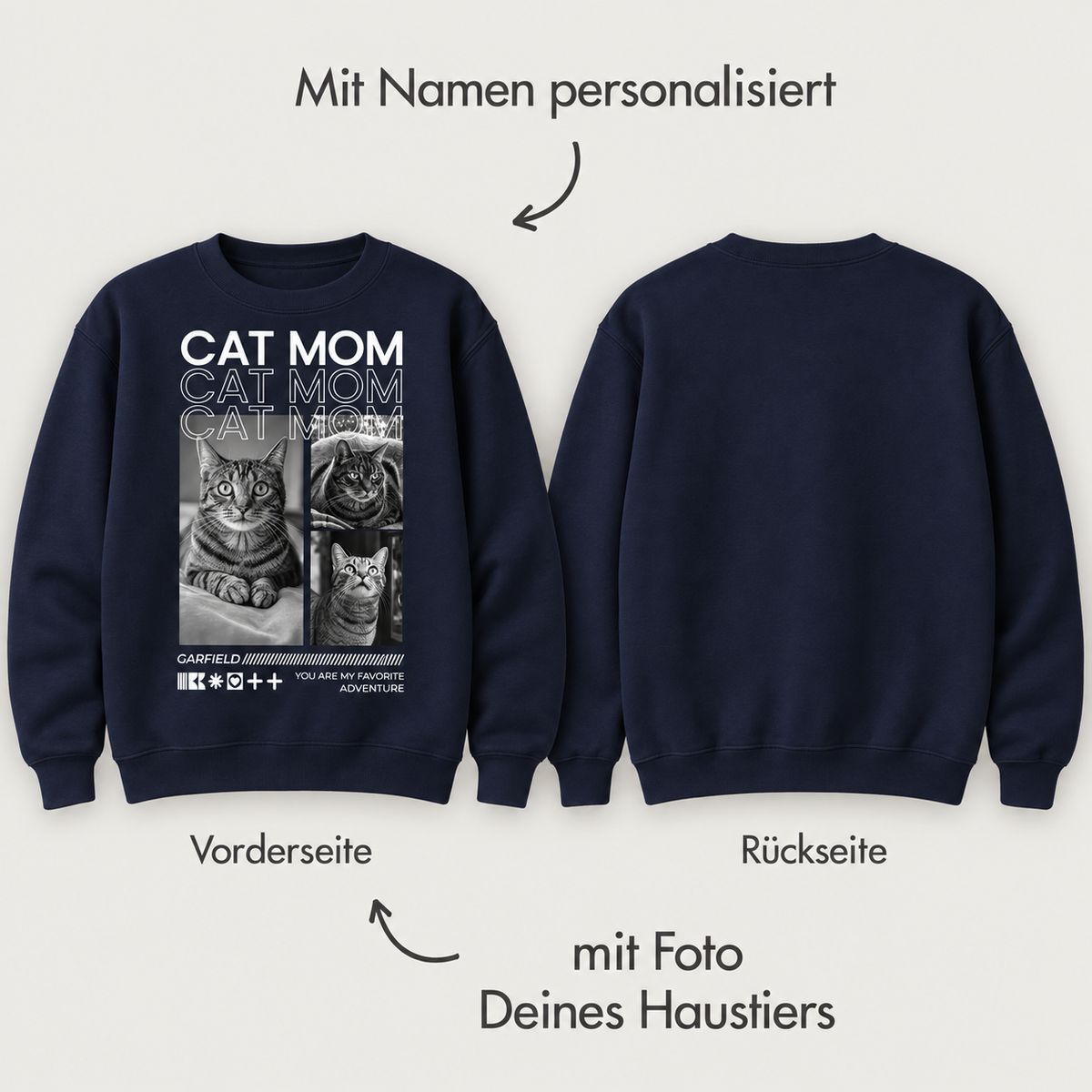 Donkerblauwe sweater met personaliseerbare opdruk "Cat Mom" en kattenmotieven op de voorkant.