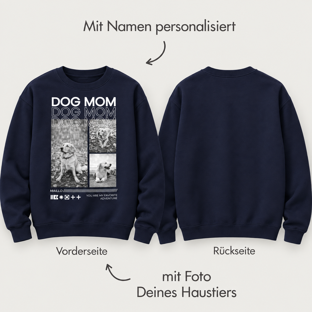 Donkerblauwe sweater met de tekst "DOG MOM" en ruimte voor een gepersonaliseerde foto op de rug.