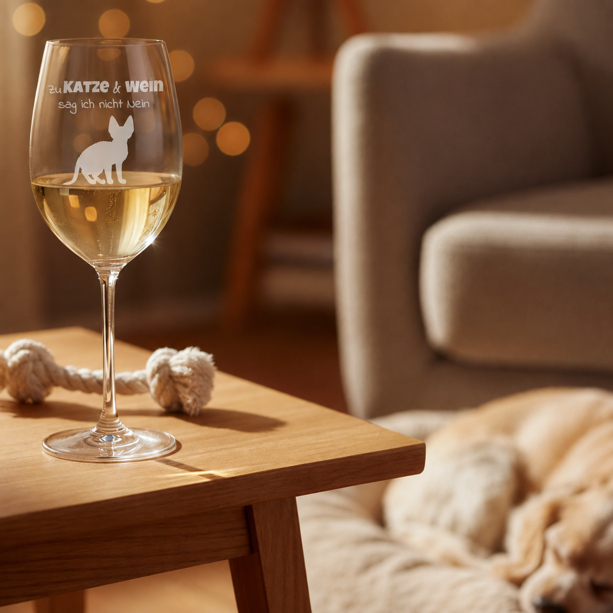 Gepersonaliseerd wijnglas met kattenmotief en opschrift op een houten tafel met een hond op de achtergrond.