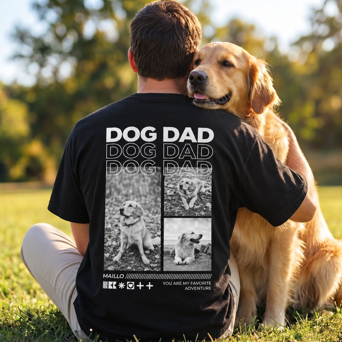 T-shirt noir avec l'inscription "DOG DAD" et collage photo de chiens au dos.