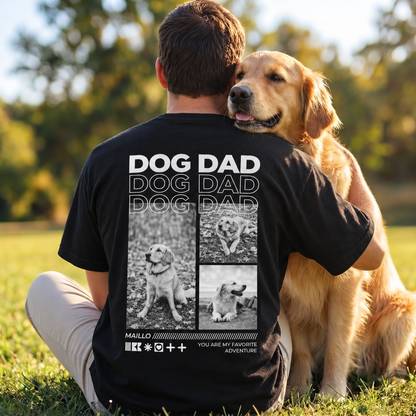 T-shirt noir avec l'inscription "DOG DAD" et collage photo de chiens au dos.