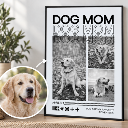 Poster personnalisé avec l'inscription "DOG MOM" et des photos d'un golden retriever. Cadre noir.