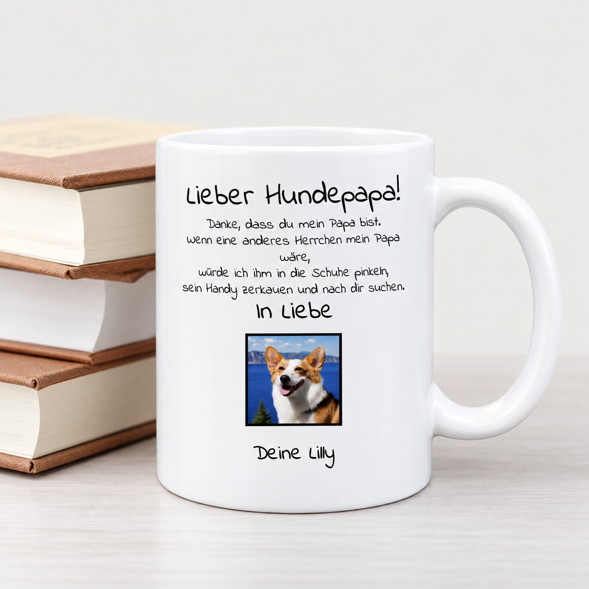 Mug blanc personnalisé avec texte pour papa de chien et photo d'un chien.