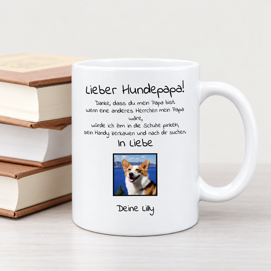 Gepersonaliseerde witte mok met tekst voor een hondenpapa en foto van een hond.