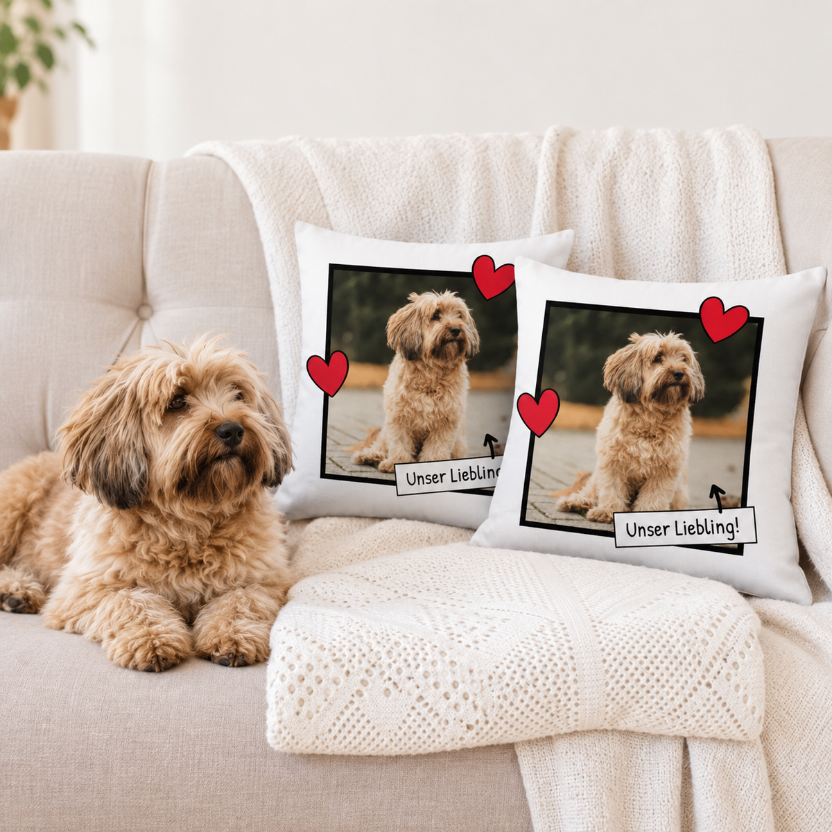 Deux coussins personnalisés avec photo de chien et cœurs sur un canapé beige.