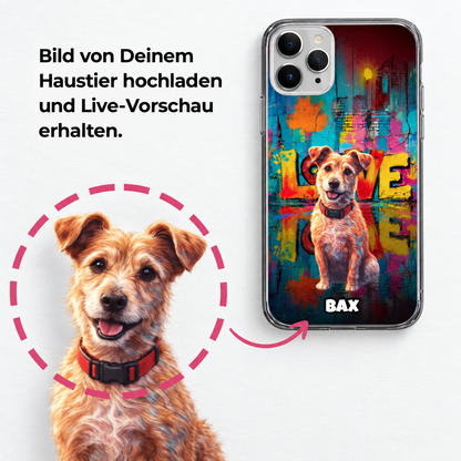 Coque de téléphone personnalisée avec design street art et chien. Dos transparent.