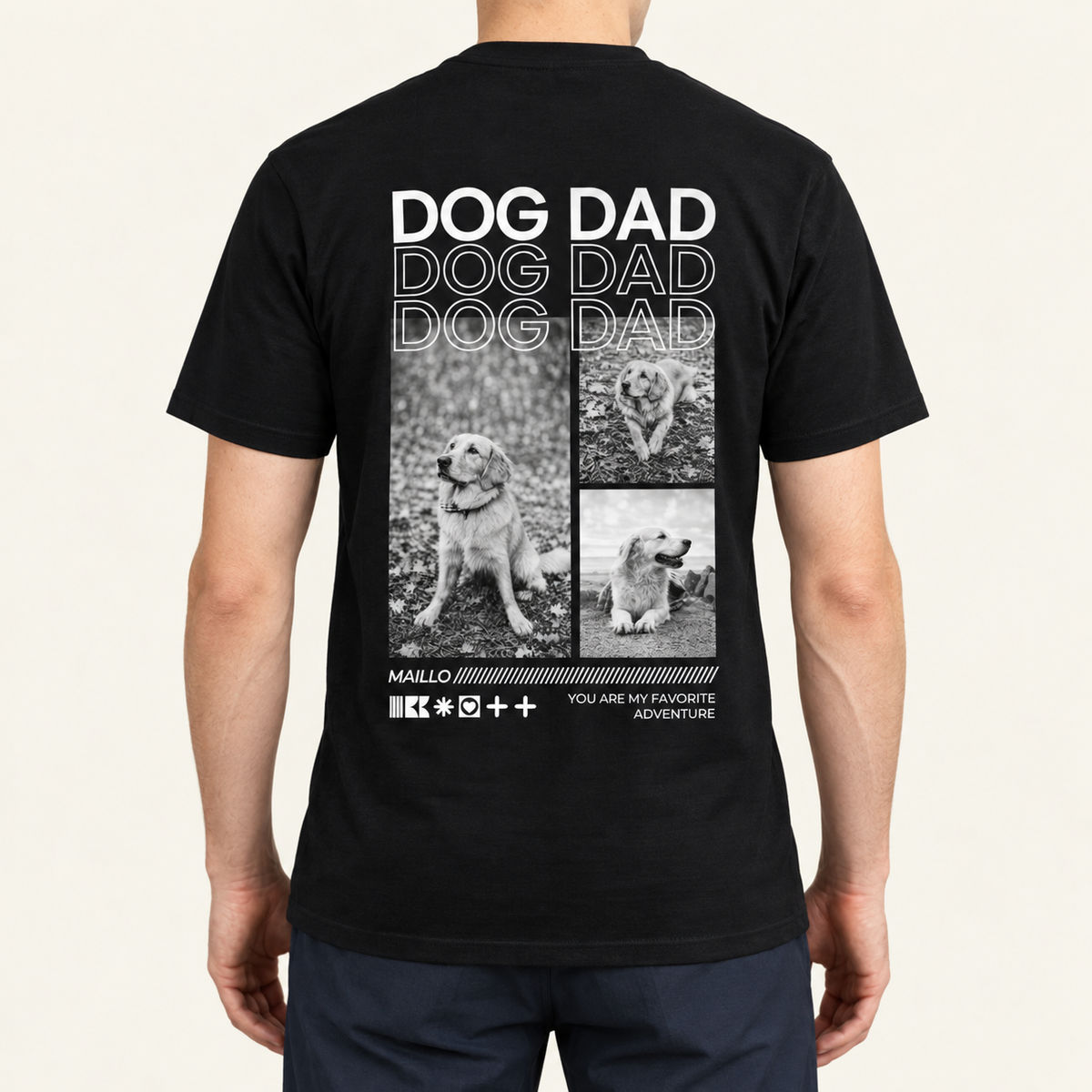 T-shirt noir avec l'inscription "DOG DAD" et des photos de chiens au dos. Coton, coupe décontractée.
