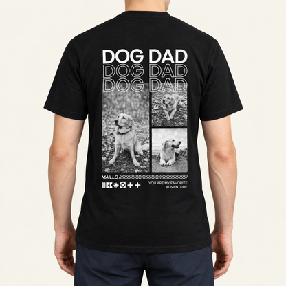 T-shirt noir avec l'inscription "DOG DAD" et des photos de chiens au dos. Coton, coupe décontractée.