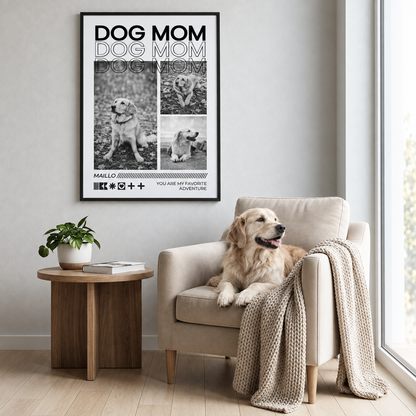 Poster personnalisé avec l'inscription "Dog Mom" et des photos de golden retrievers, sans cadre dans un salon moderne.