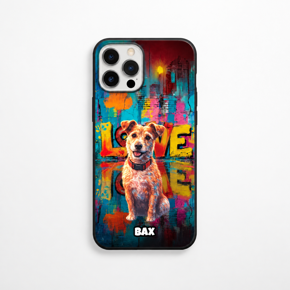 Coque de téléphone personnalisée avec motif de chien et fond street art multicolore.