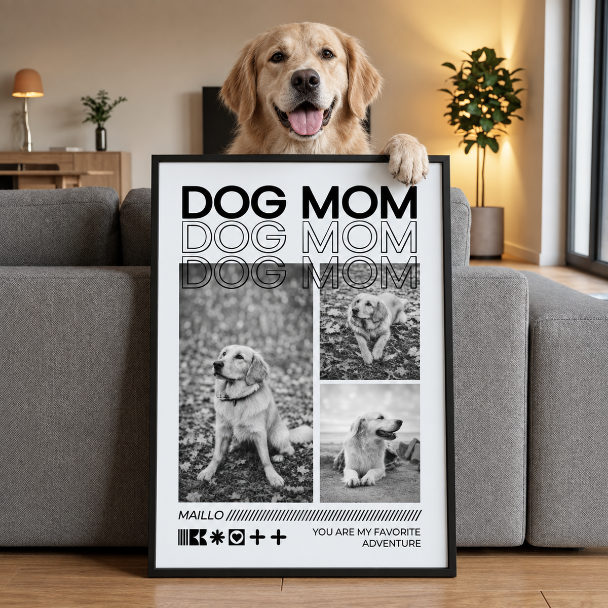 Poster personnalisé avec le texte "DOG MOM" et des photos de chiens dans un cadre moderne.
