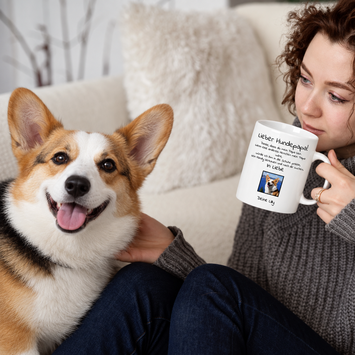 Personne buvant dans un mug blanc avec l'inscription "Lieber Hundepapa", un chien assis à côté.