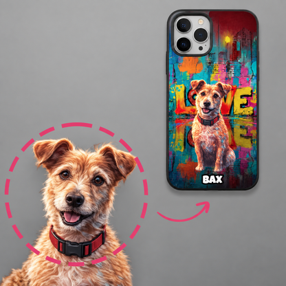 Coque de téléphone personnalisée avec design street art et motif de chien aux couleurs vives.