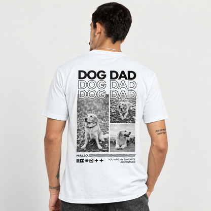 T-shirt blanc avec l'inscription "DOG DAD" et trois photos de chiens au dos.