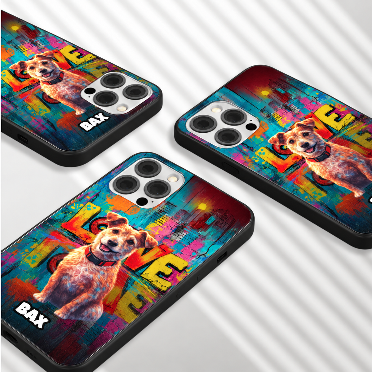 Coques de téléphone noires personnalisées avec design street art coloré et motif de chien.
