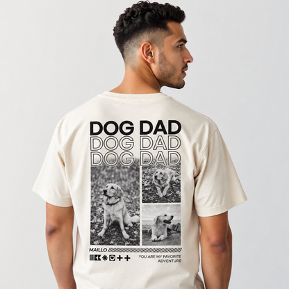 T-shirt beige avec graphique "DOG DAD" et photos noires de chiens au dos.