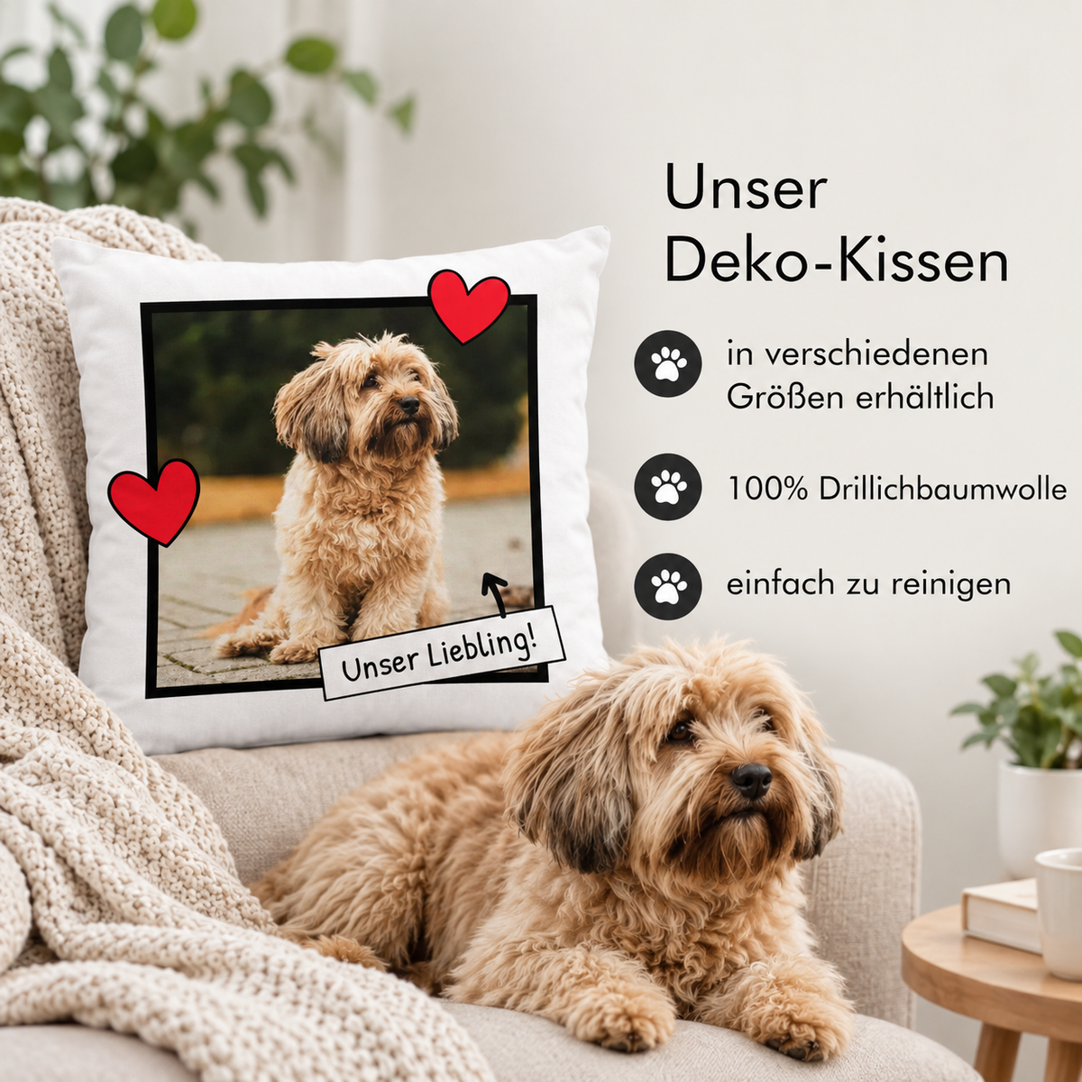 Coussin personnalisé avec photo et cœurs, housse 100 % coton drill, facile d'entretien.