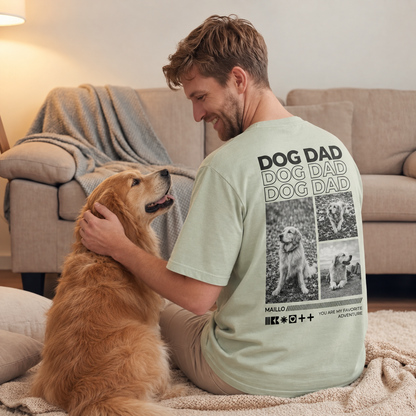T-shirt vert clair avec l'inscription "Dog Dad" et motifs de chiens, porté par un homme assis par terre.