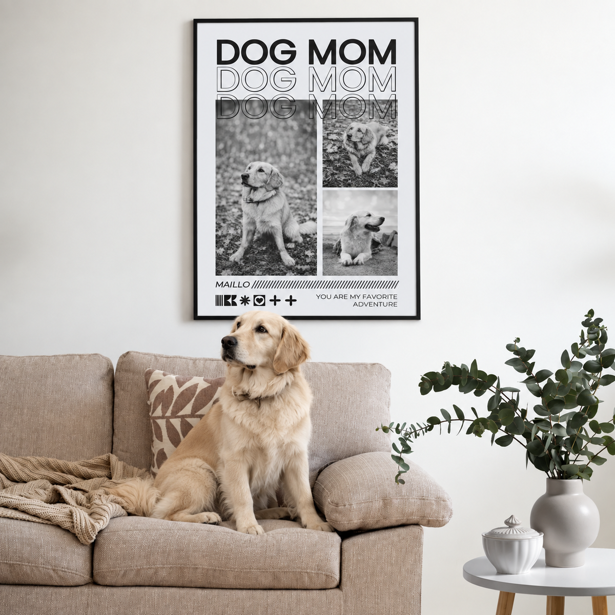 Poster personnalisable intitulé "Dog Mom" avec des photos de golden retrievers, encadré et au mur.