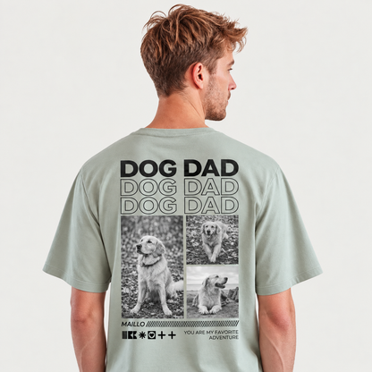 T-shirt vert homme avec l'inscription "Dog Dad" et des photos d'un chien au dos.