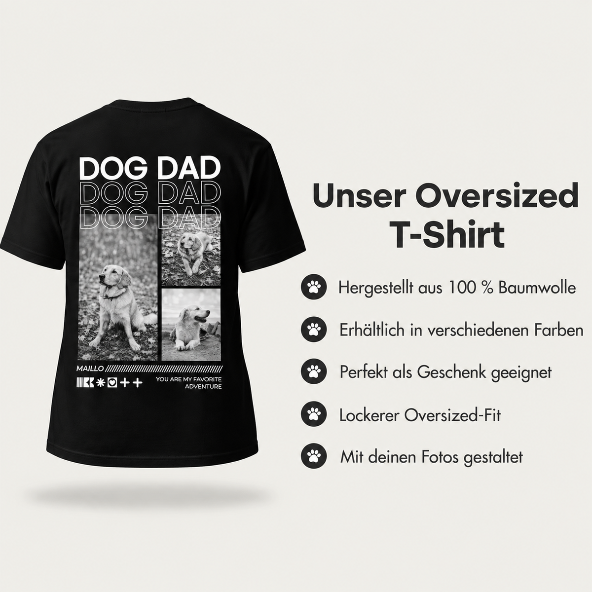 T-shirt noir 100 % coton avec motif "Dog Dad" et plusieurs photos de chiens. Coupe oversize.