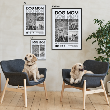 Poster personnalisé "Dog Mom" noir et blanc, deux tailles et styles au mur, chiens sur des chaises.