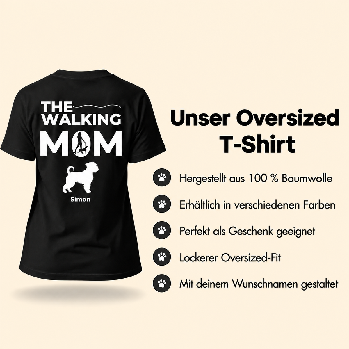 Zwart oversized T-shirt van 100% katoen, met personaliseerbare tekst en hondenmotief.