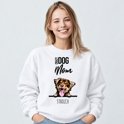 Witte sweater met hondenafbeelding en de teksten "Crazy Dog Mom" en "Strolch".