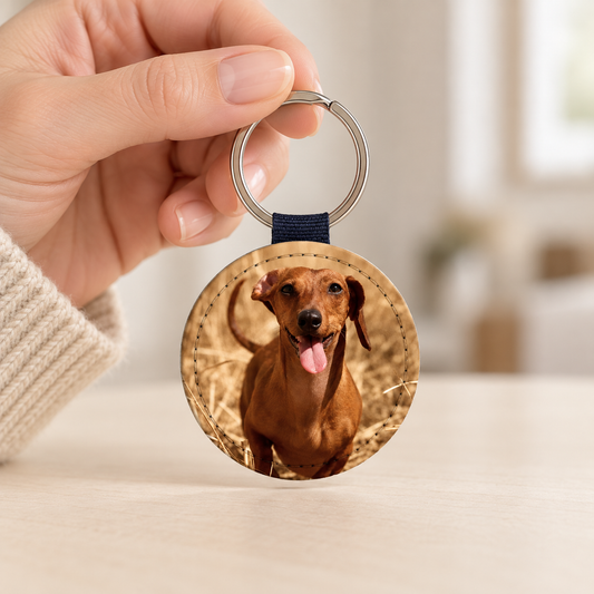 Gepersonaliseerde sleutelhanger met ronde hanger en foto van een hond, zilveren sleutelring.
