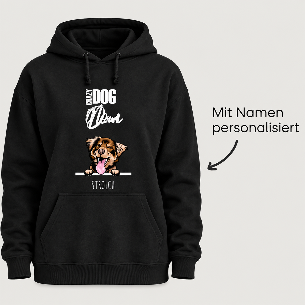 Zwarte hoodie met hondenmotief en personaliseerbare naam, geschikt voor huisdierouders.