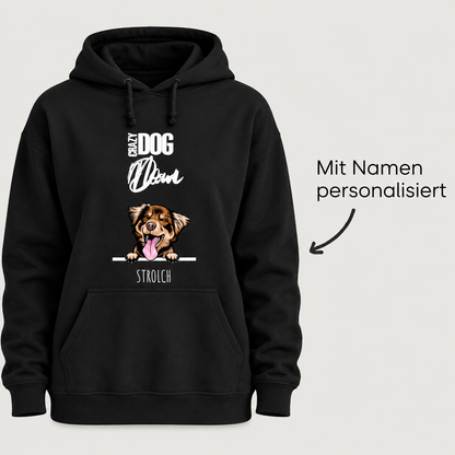 Zwarte hoodie met hondenmotief en personaliseerbare naam, geschikt voor huisdierouders.