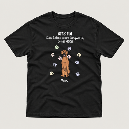 T-shirt noir avec motif de chien et texte, personnalisé avec le nom "Balu".