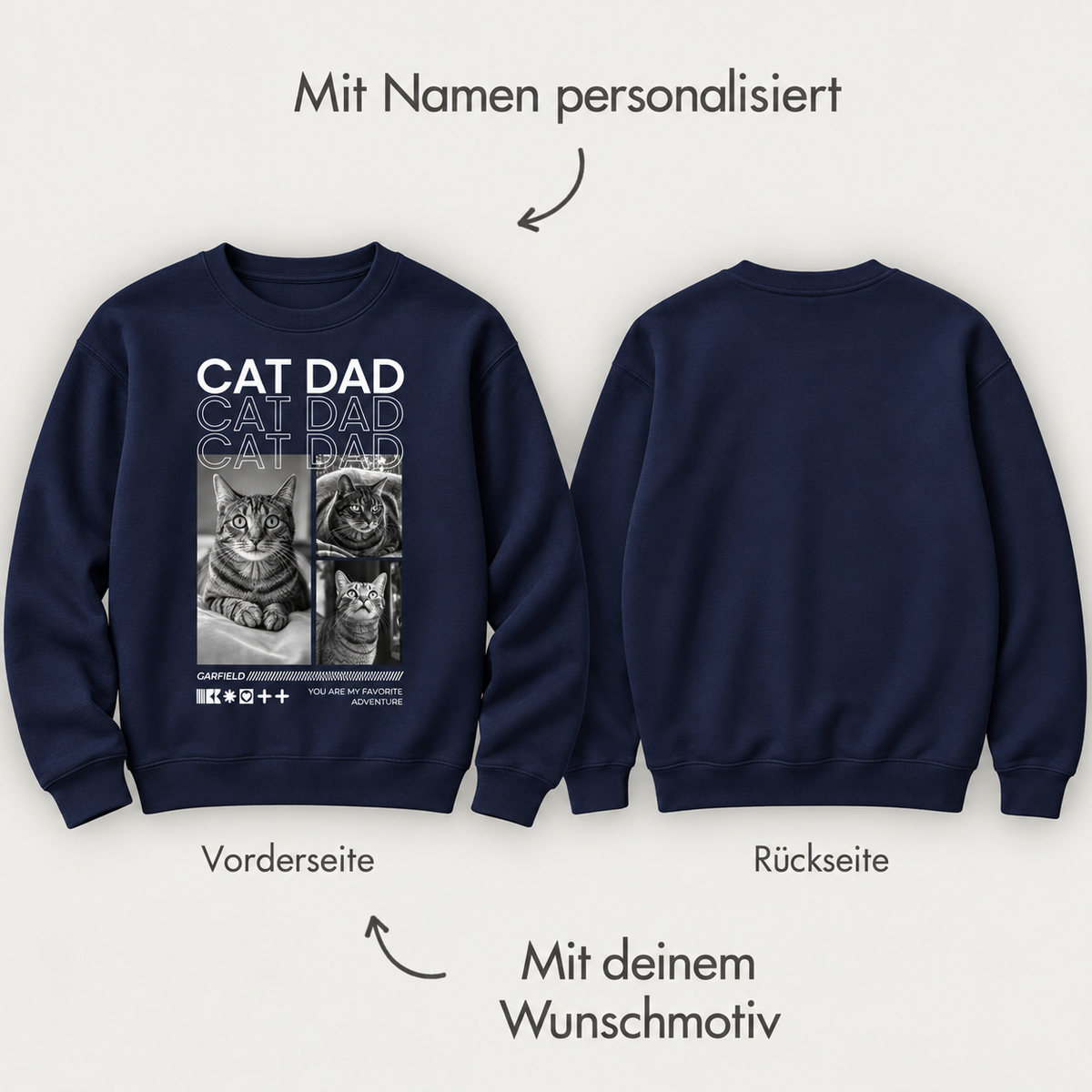Donkerblauwe sweater met kattenmotieven op de voorkant, personaliseerbaar met naam. Effen achterkant.