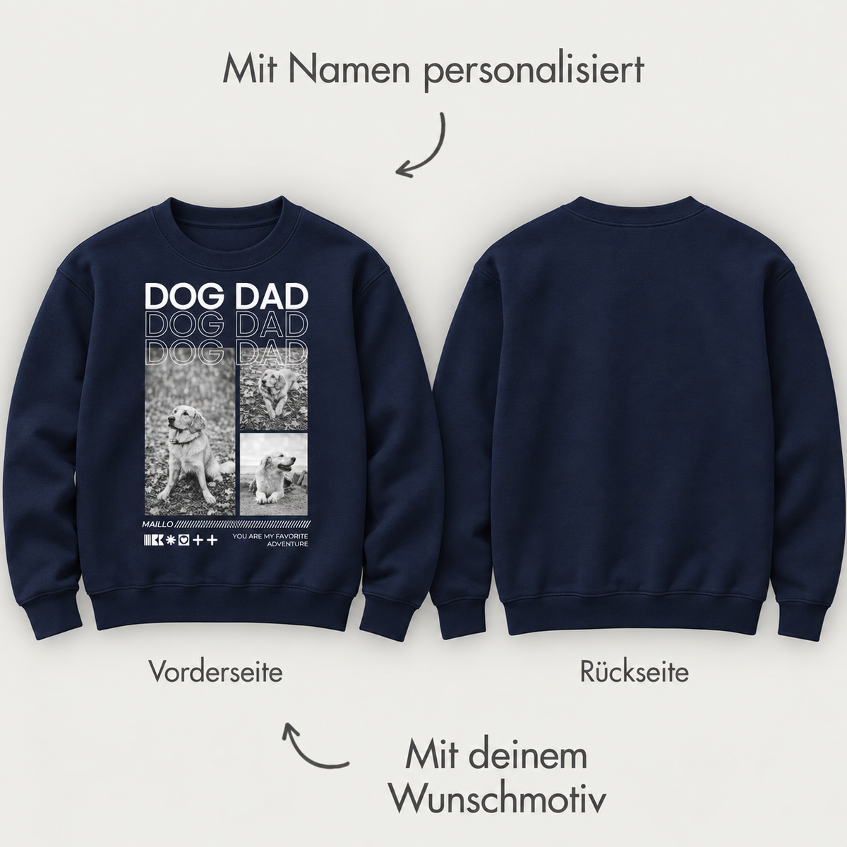Donkerblauw sweatshirt met opdruk "DOG DAD" en ruimte voor personalisatie op voor- en achterkant.