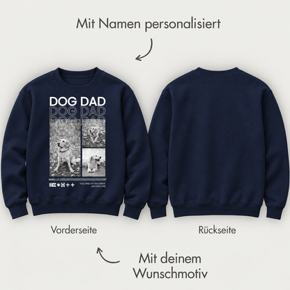 Donkerblauw sweatshirt met opdruk "DOG DAD" en ruimte voor personalisatie op voor- en achterkant.