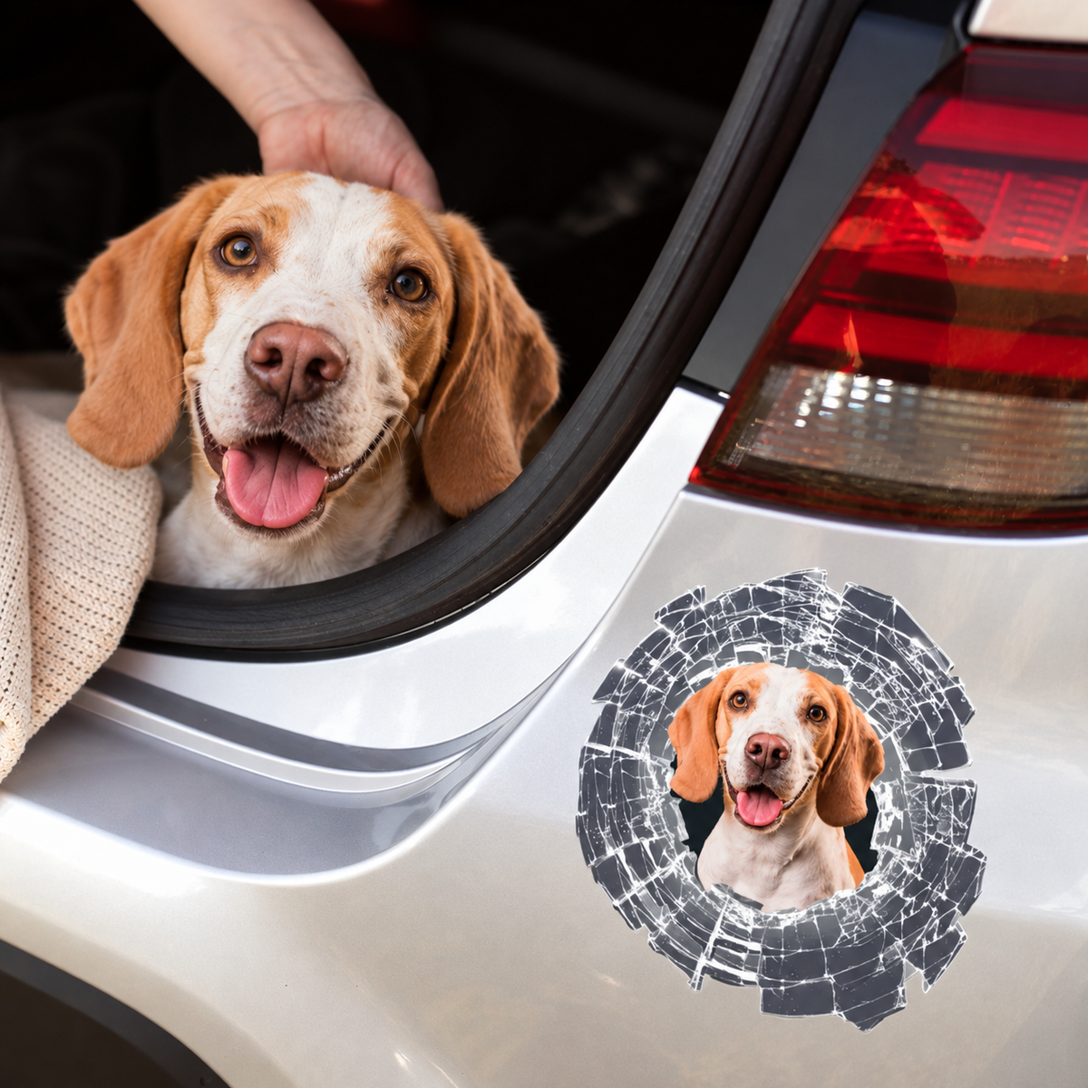Autocollant de voiture personnalisé avec motif de chien sur une vitre de voiture argentée. Il montre un chien joyeux.