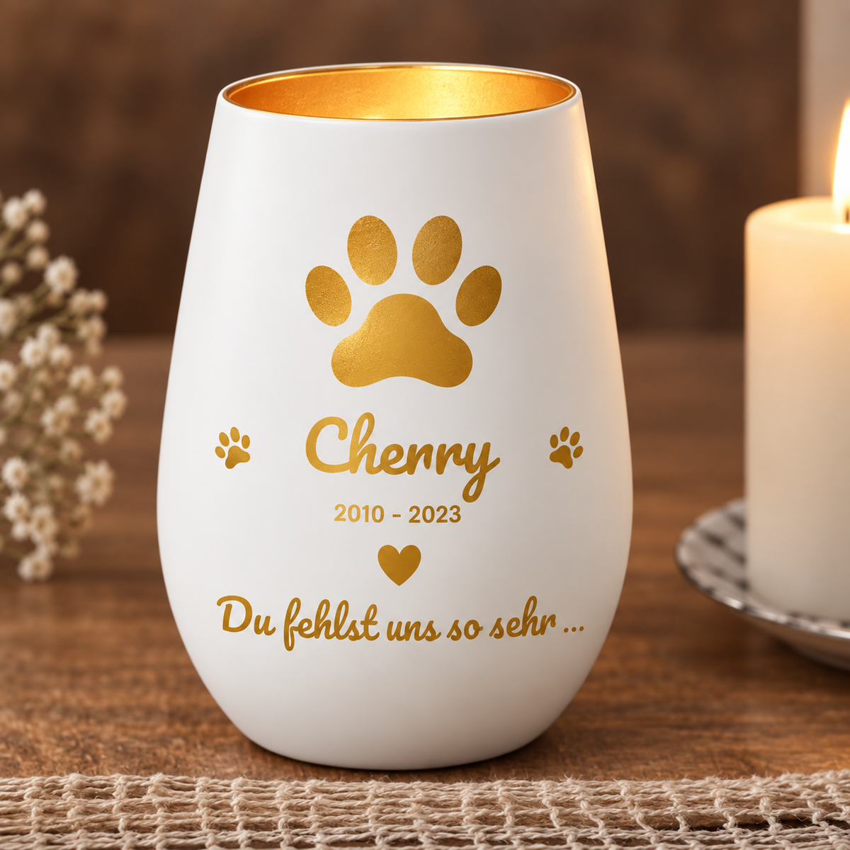 Gepersonaliseerd wit herdenkingslicht met gouden tekst en pootjesmotief, voor een persoonlijke herinnering.