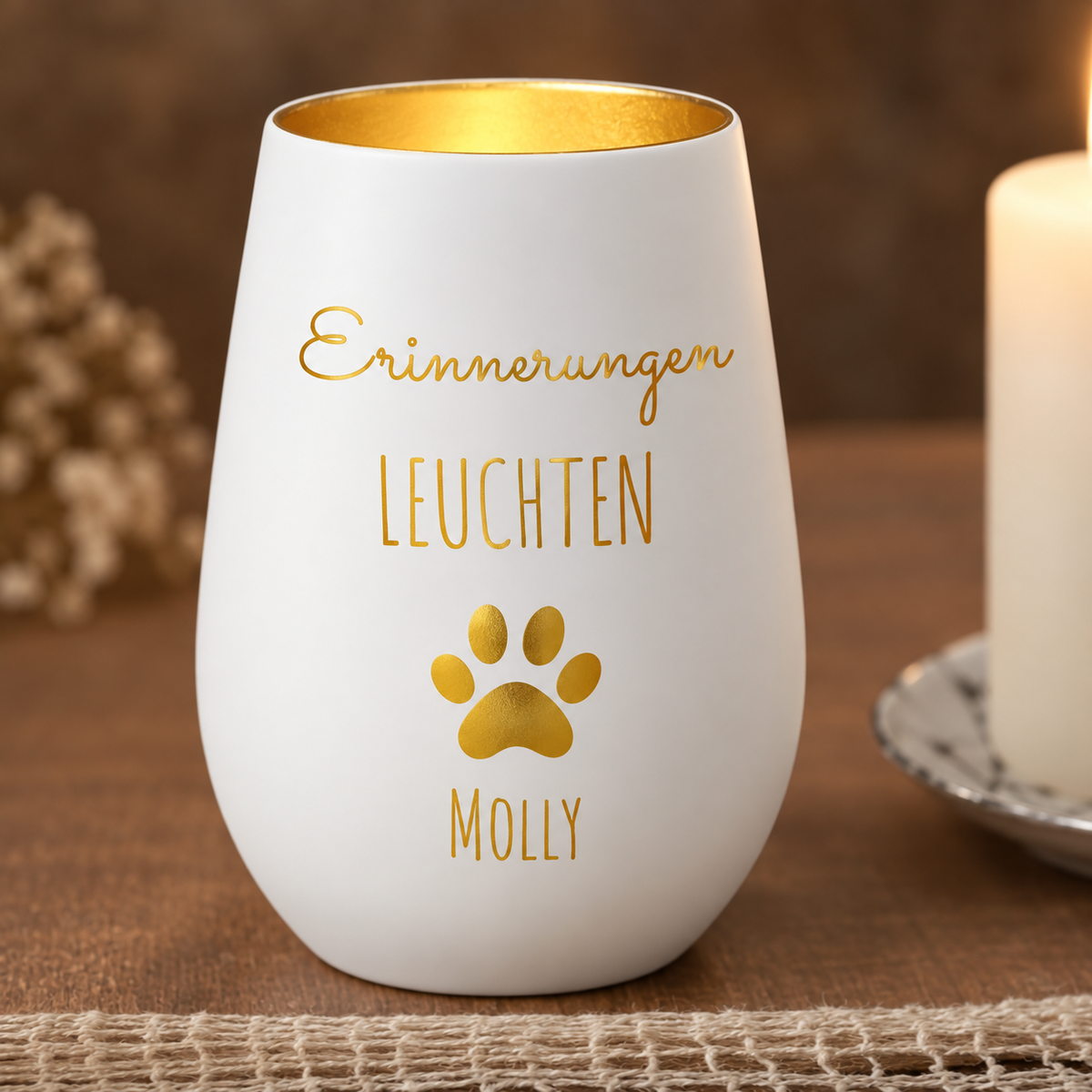 Lumière du souvenir blanche personnalisée avec écriture dorée et empreinte, avec le nom "Molly".